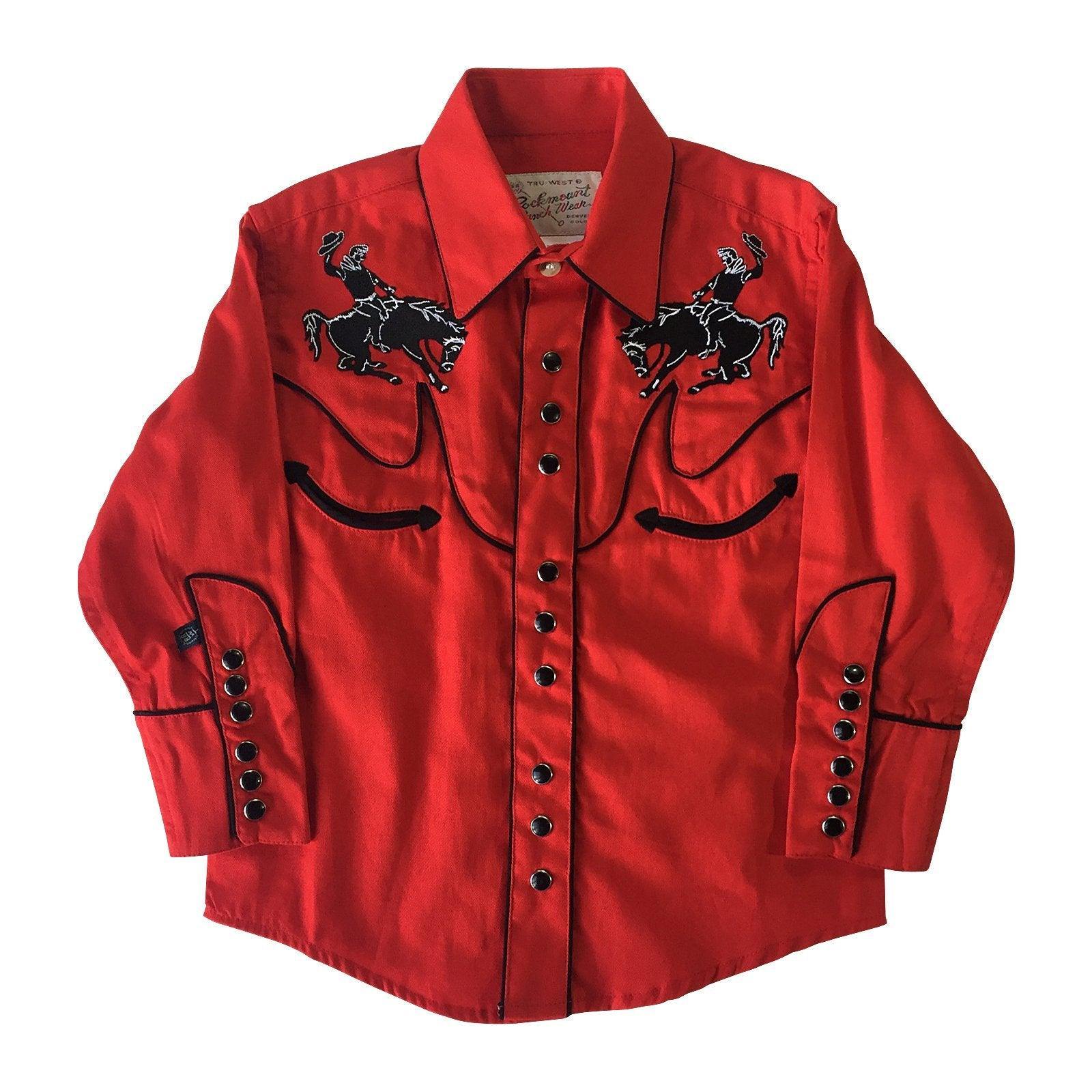 Kid's Embroidered Vintage Bronc Red Western Shirt - Flyclothing LLC