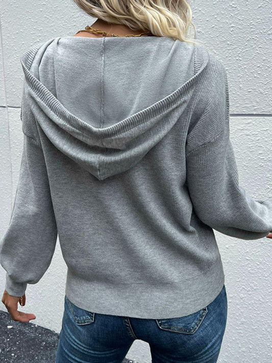 Quarter Button Drawstring Detail Knit Hoodie - Flyclothing LLC