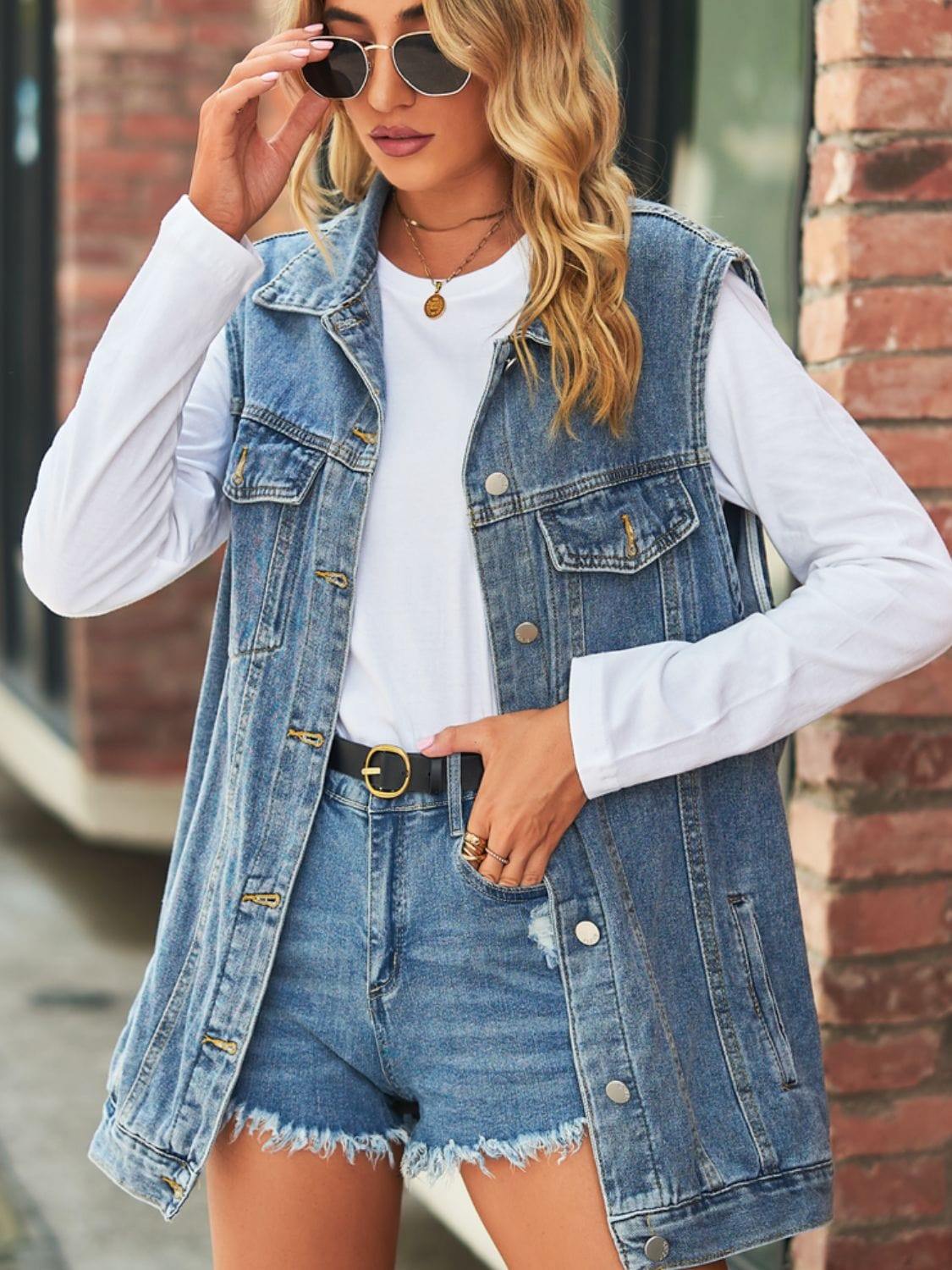 Collared Neck Sleeveless Denim Top with Pockets - Trendsi