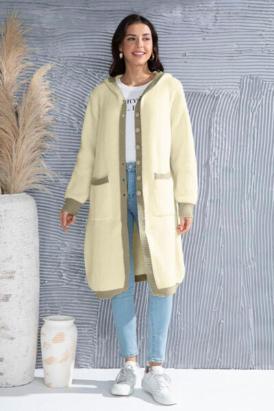 Button Up Contrast Trim Hooded Cardigan - Flyclothing LLC