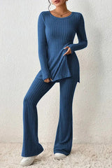 Ribbed Long Sleeve Slit Top and Bootcut Pants Set - Flyclothing LLC