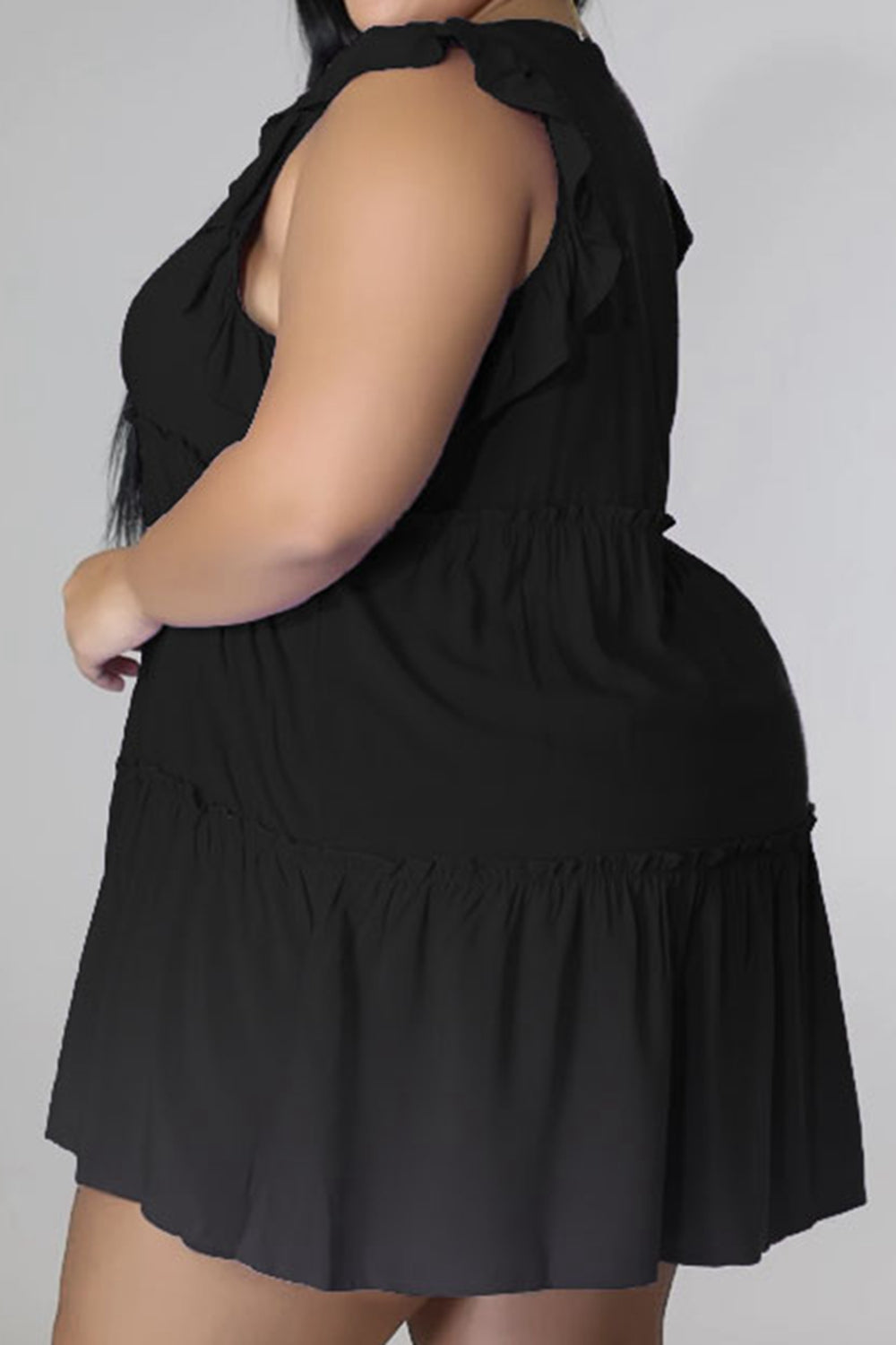 Plus Size V-Neck Frill Trim Mini Dress - Flyclothing LLC