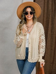 Eyelet Button Up Lantern Sleeve Cardigan - Trendsi