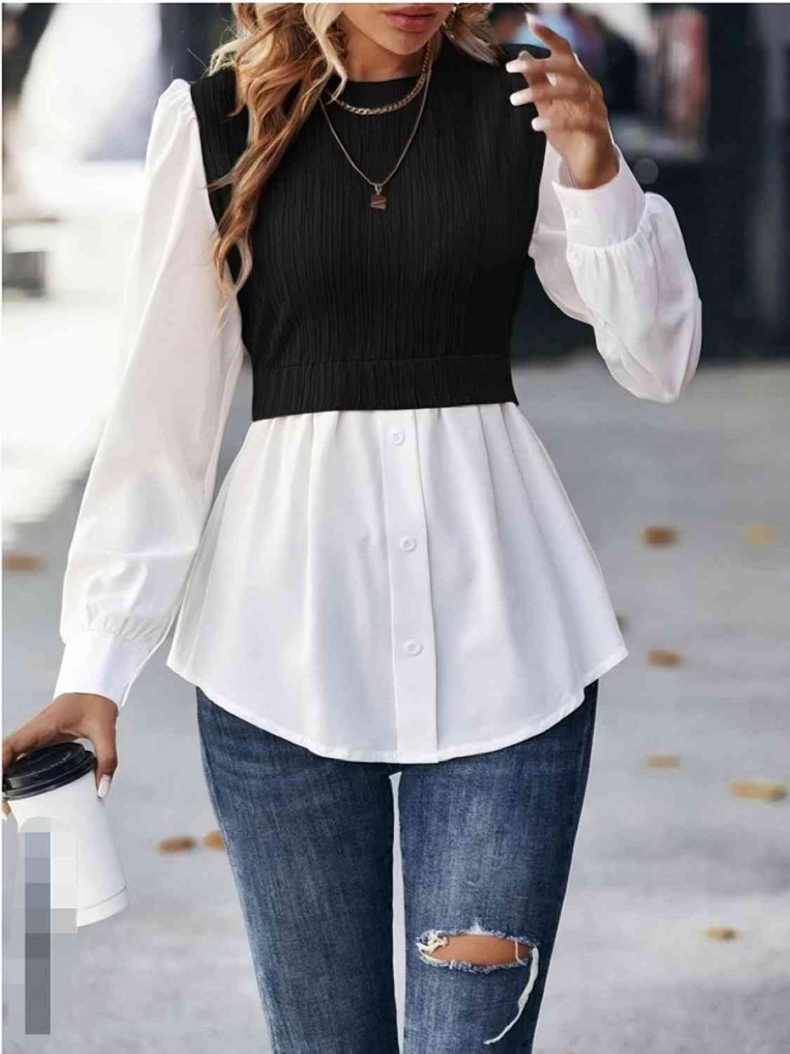 Contrast Round Neck Puff Sleeve Blouse - Flyclothing LLC