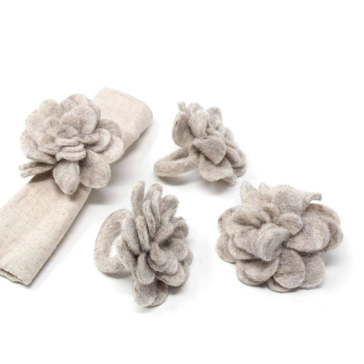 Set of 4 Felt Napkin Rings, Taupe Zinnias - Flyclothing LLC