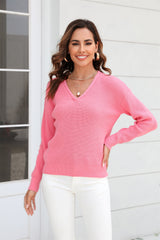 Ribbed V-Neck Dropped Shoulder Knit Top - Trendsi