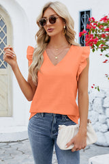 Ruffled V-Neck Cap Sleeve Blouse - Flyclothing LLC