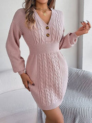 Buttoned Cable-Knit V-Neck Sweater Dress - Flyclothing LLC