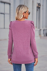 Heathered Puff Sleeve Round Neck Tunic Top - Trendsi