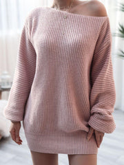 Rib-Knit Balloon Sleeve Boat Neck Sweater Dress - Flyclothing LLC