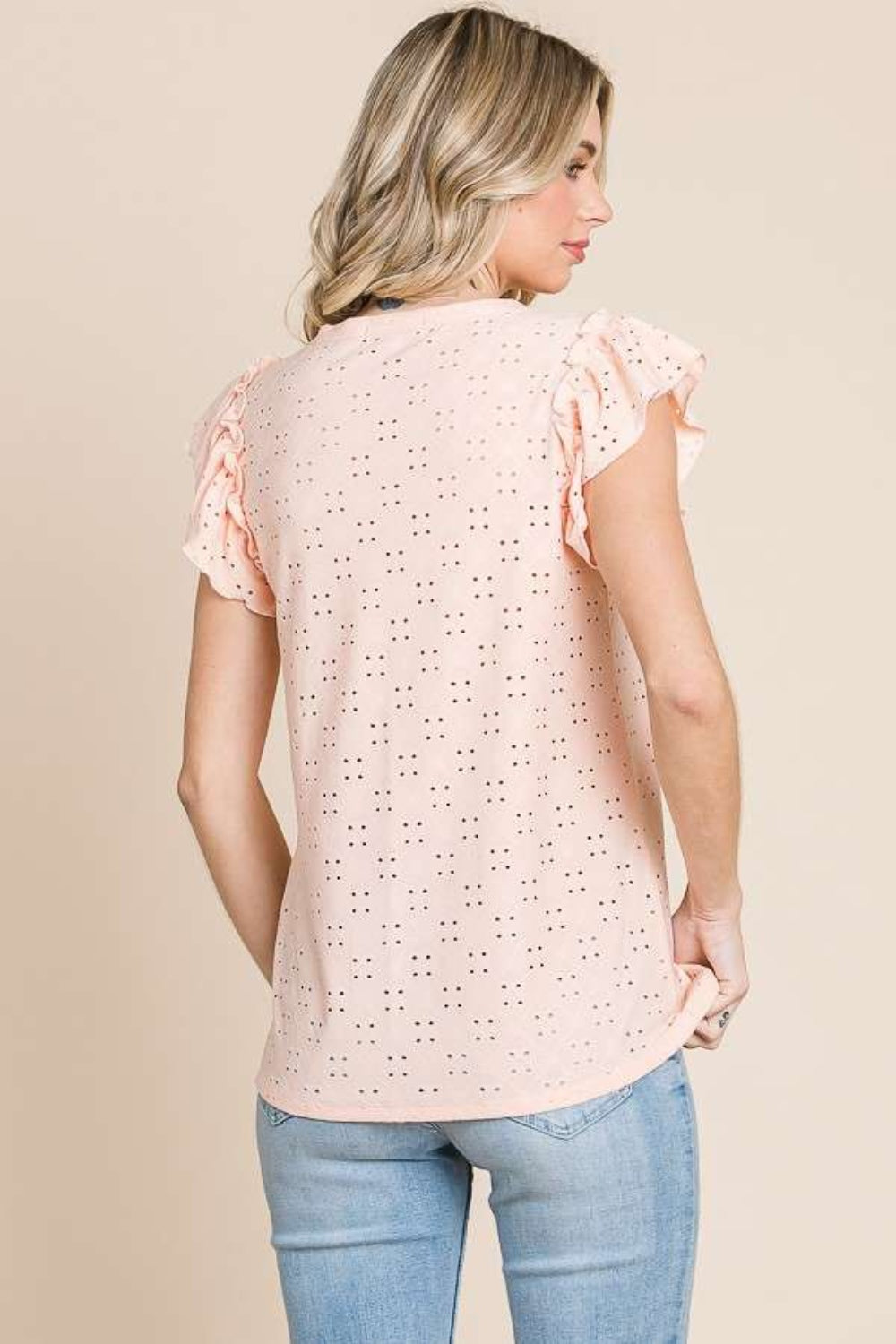 Culture Code Eyelet Round Neck Ruffled Cap Sleeve Top - Flyclothing LLC