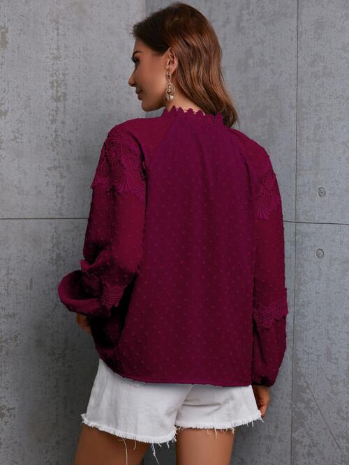 Crochet Tassel Tie Neck Long Sleeve Blouse - Flyclothing LLC