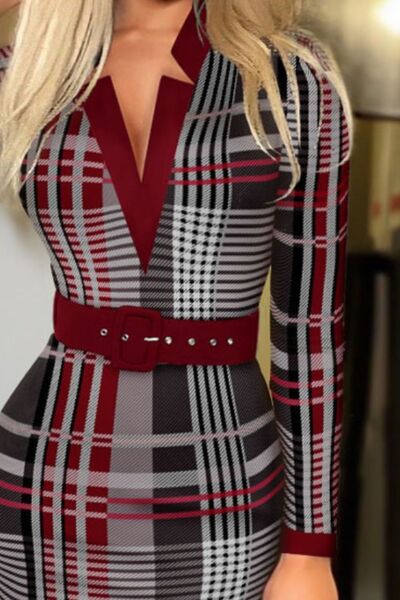 Printed Notched Long Sleeve Wrap Dress - Flyclothing LLC