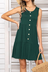 Decorative Button Scoop Neck Sleeveless Tiered Dress - Flyclothing LLC