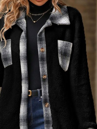 Plaid Contrast Dropped Shoulder Coat - Flyclothing LLC