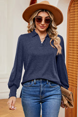 Decorative Button Johnny Collar Lantern Sleeve Blouse - Flyclothing LLC