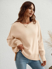 Exposed Seam Dropped Shoulder Slit Sweater - Trendsi