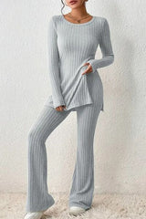 Ribbed Long Sleeve Slit Top and Bootcut Pants Set - Flyclothing LLC