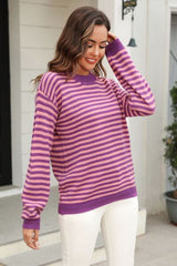 Striped Round Neck Dropped Shoulder Sweater - Flyclothing LLC