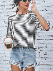 Striped Round Neck Raglan Sleeve T-Shirt - Flyclothing LLC