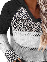 Full Size Openwork Leopard Drawstring Hooded Sweater - Flyclothing LLC