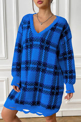 Plaid V-Neck Long Sleeve Sweater Dress - Flyclothing LLC