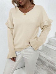 Ruffled V-Neck Dropped Shoulder Sweater - Flyclothing LLC