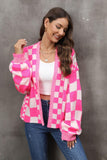 Checkered Open Front Drop Shoulder Cardigan - Flyclothing LLC