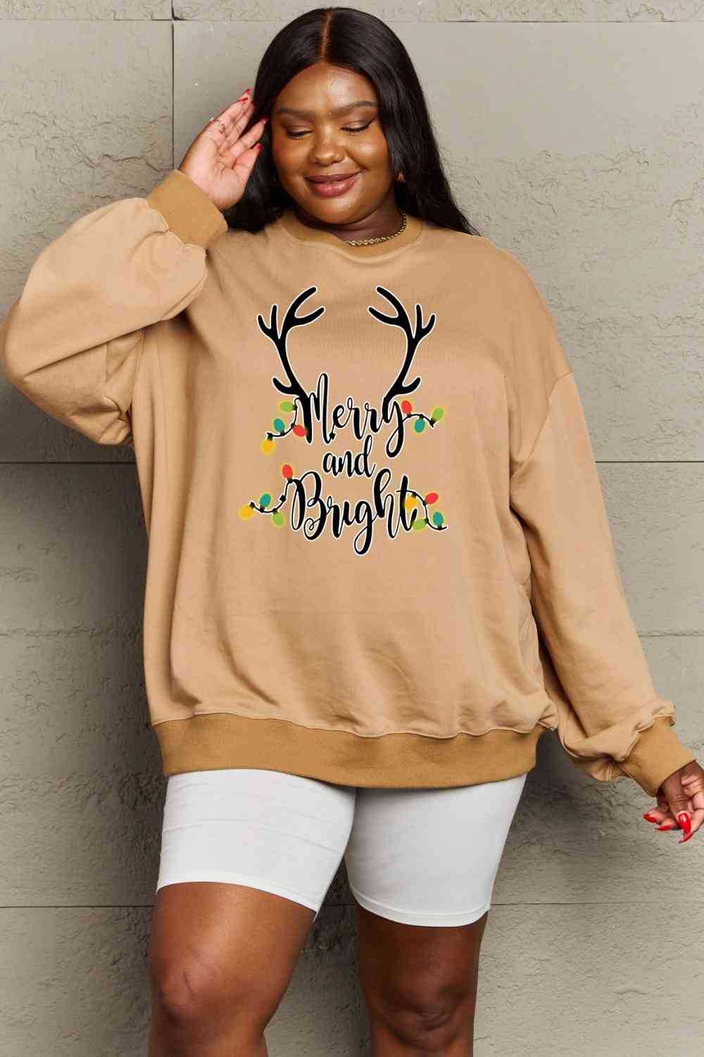 Simply Love Full Size MERRY AND BRIGHT Graphic Sweatshirt - Flyclothing LLC