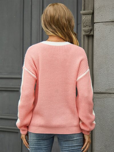 Contrast Round Neck Dropped Shoulder Sweater - Trendsi