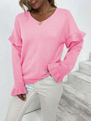 Ruffled V-Neck Dropped Shoulder Sweater - Flyclothing LLC