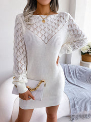 Openwork Boat Neck Sweater Dress - Flyclothing LLC