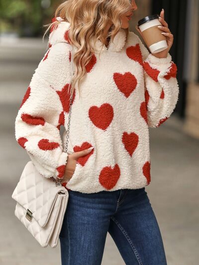 Fuzzy Heart Pocketed Dropped Shoulder Hoodie - Flyclothing LLC