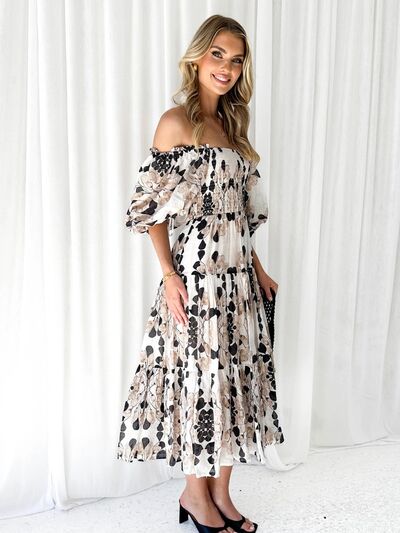 Printed Smocked Off-Shoulder Tiered Dress - Flyclothing LLC