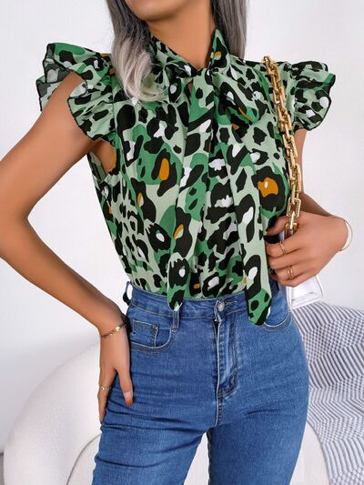 Leopard Tie Neck Cap Sleeve Blouse - Flyclothing LLC