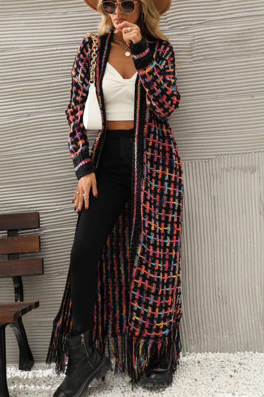 Multicolored Open Front Fringe Hem Cardigan - Flyclothing LLC