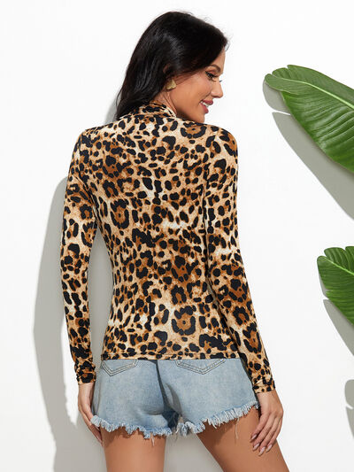 Leopard Mock Neck Long Sleeve T-Shirt - Flyclothing LLC