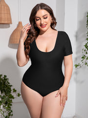 Plus Size Scoop Neck Short Sleeve One-Piece Swimsuit - Flyclothing LLC