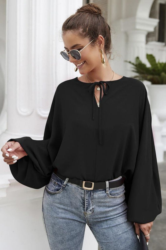 Tie Neck Balloon Sleeve Blouse - Flyclothing LLC