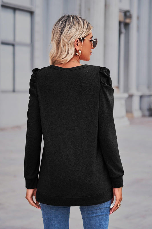 Heathered Puff Sleeve Round Neck Tunic Top - Trendsi