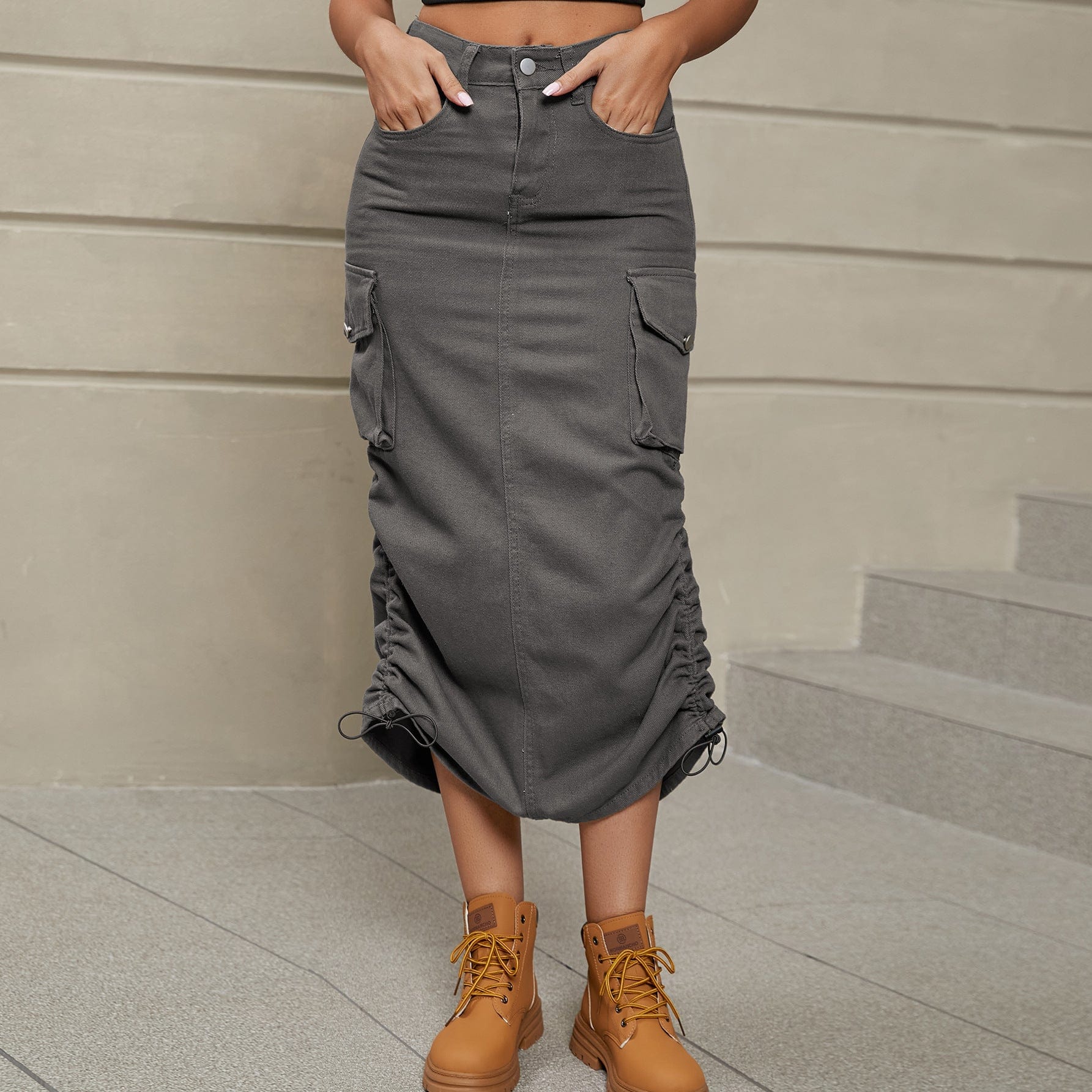 Drawstring Ruched Slit Denim Midi Skirt - Trendsi