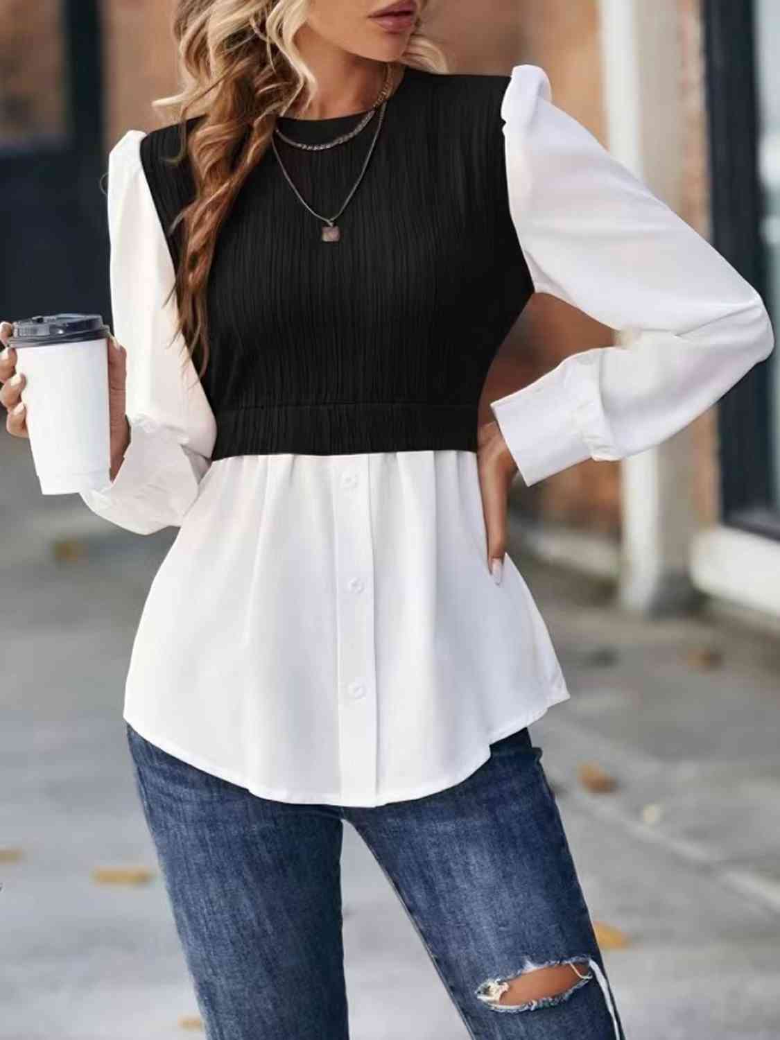 Contrast Round Neck Puff Sleeve Blouse - Flyclothing LLC