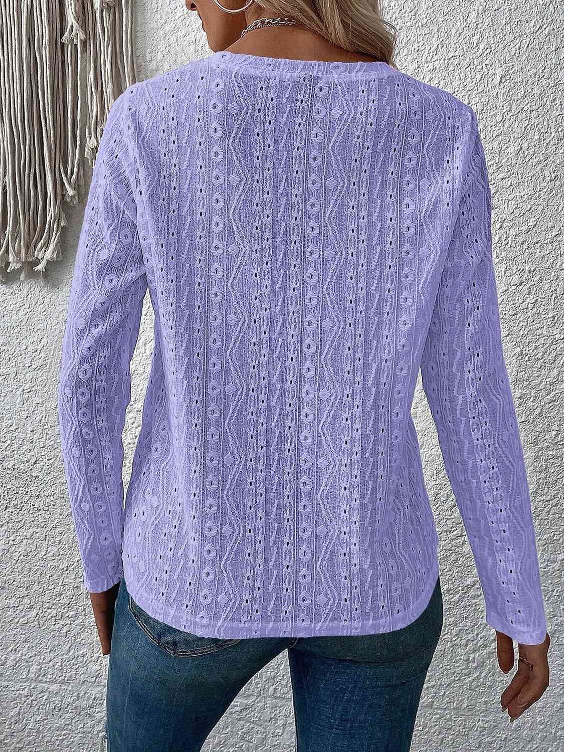 Eyelet Round Neck Long Sleeve Top - Flyclothing LLC