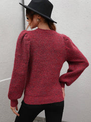 Heathered Long Lantern Sleeve Rib-Knit Sweater - Trendsi