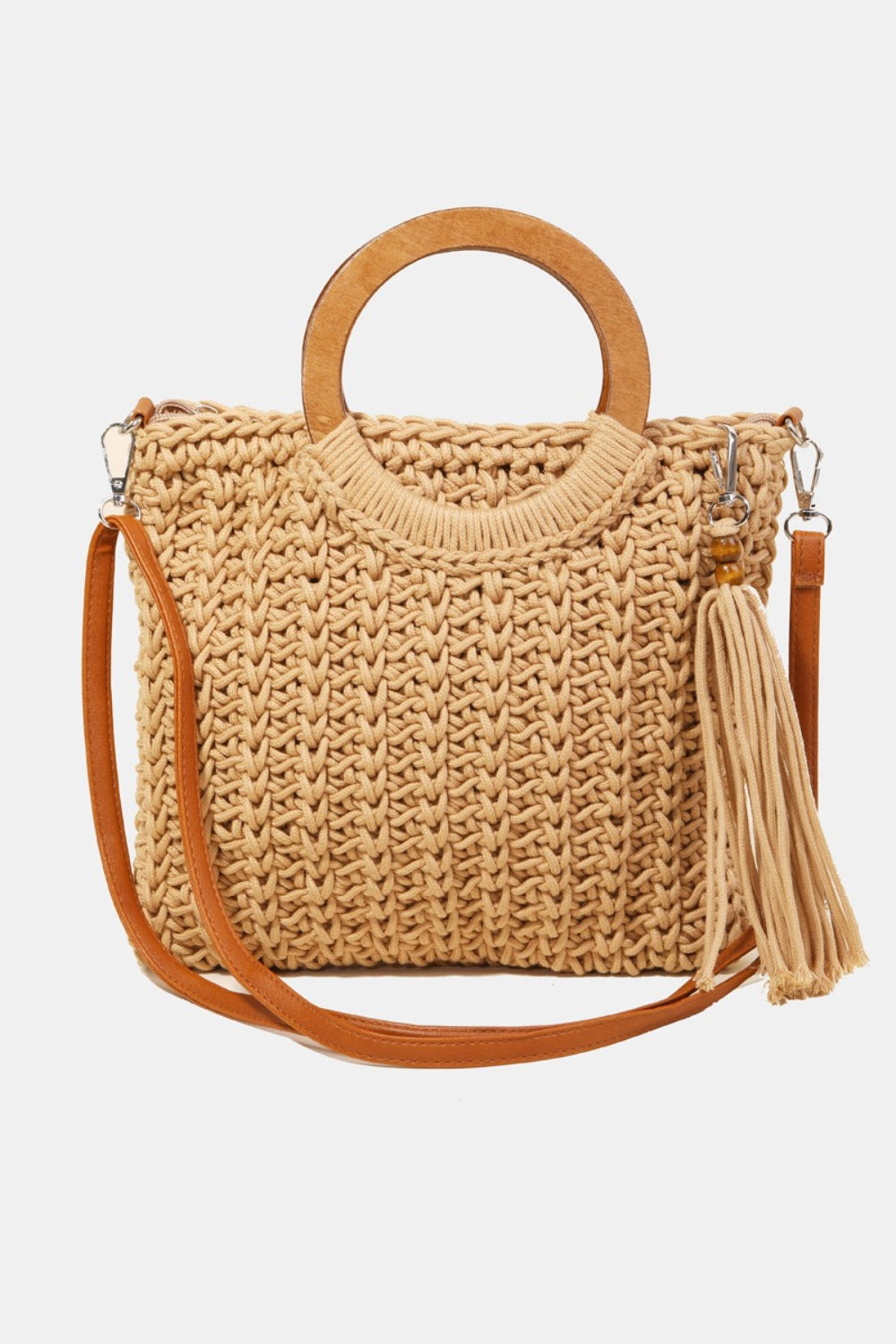 Fame Crochet Knit Convertible Tote Bag with Tassel - Flyclothing LLC