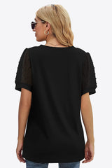 Swiss Dot Puff Sleeve V-Neck Tee - Flyclothing LLC