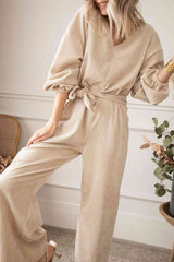 V-Neck Tie Waist Wide Leg Jumpsuit - Flyclothing LLC