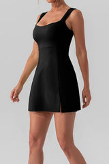 Square Neck Sleeveless Slit Mini Active Dress - Flyclothing LLC