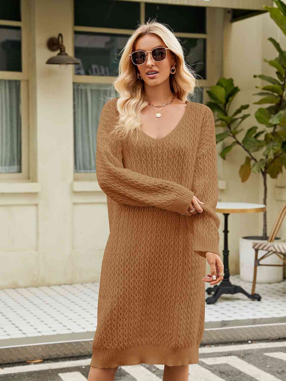 V-Neck Long Sleeve Sweater Dress - Flyclothing LLC