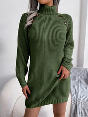 Decorative Button Turtleneck Sweater Dress - Flyclothing LLC